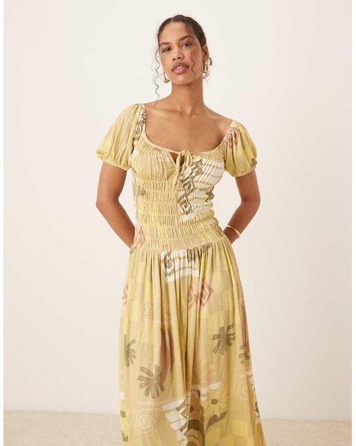 ASOS Metallic Crinkle Shirred Waist Milkmaid Puff Sleeve Midi Tea Dress