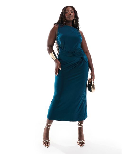 ASOS Blue Asos Design Curve Twisted High Neck Mesh Midi Dress