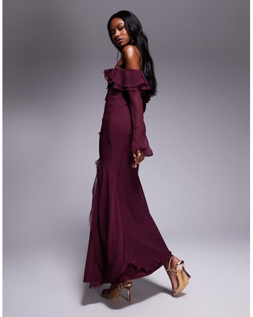 ASOS Purple Frill Bardot Long Sleeve Bias Cut Maxi Dress