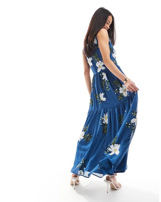 Maya Blue Floral Embellished V Neck Midaxi Dress