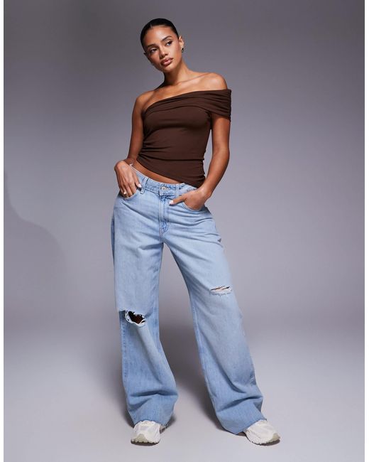 ASOS Gray Polyamide One Shoulder Bardot Top With Asymmetric Hem