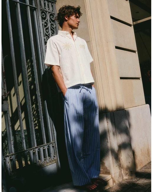 Bershka Natural Embroidered Boxy Fit Short Sleeve Shirt for men