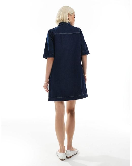 Vero Moda Blue Oversized Button Front Short Sleeve Denim Dress