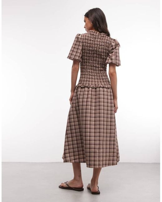 Daisy Street Brown Shirred Drop Waist Midi Dress With Puff Sleeves And Tie Front