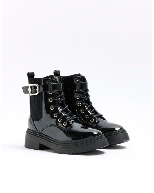 River Island Black Lace Up Boot With Gold Buckle