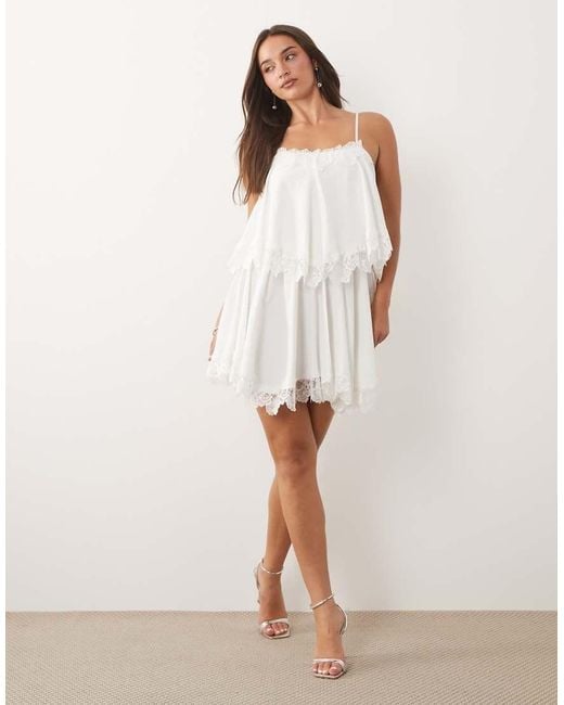 Fashionkilla Natural Exclusive Lace Trim Ruffle Tiered Lace Up Back Detail Mini Dress
