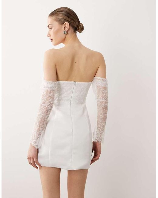 Six Stories White Bridal Fallen Shoulder Lace Sleeve Mini Dress