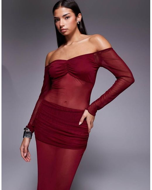 Fashionkilla Red Exclusive Mesh Long Sleeve Sheer Insert Ruched Detail Maxi Dress