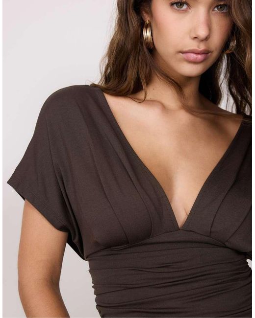 Stradivarius Brown Top With Gathered V-neckline