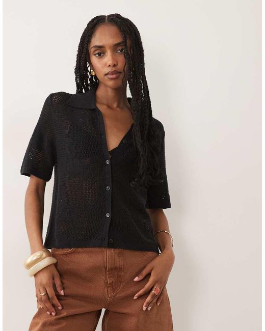 Abercrombie & Fitch Black Open Knit Button Up Top