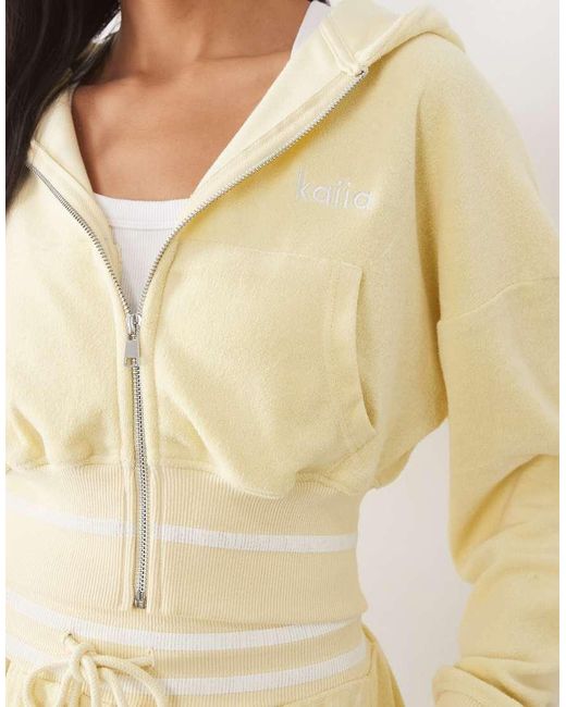 Kaiia Natural Embroidered Logo Oversized Zip Up Side Stripe Towelling Hoodie Co-ord