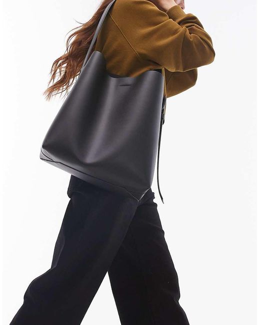 ARKET Black Large Leather Bucket Tote Bag With Side Buckle