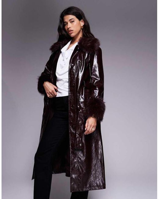 River Island Red Faux Fur Trim Faux Leather Trench