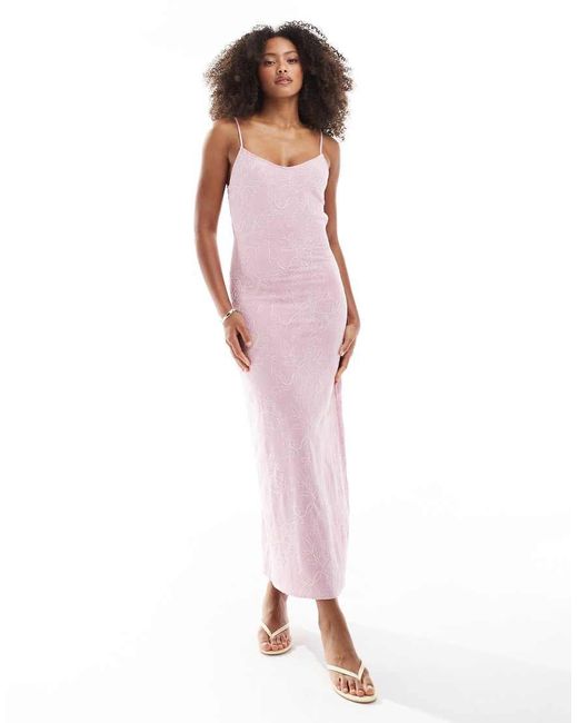 Stradivarius Pink Embroidered Midi Dress