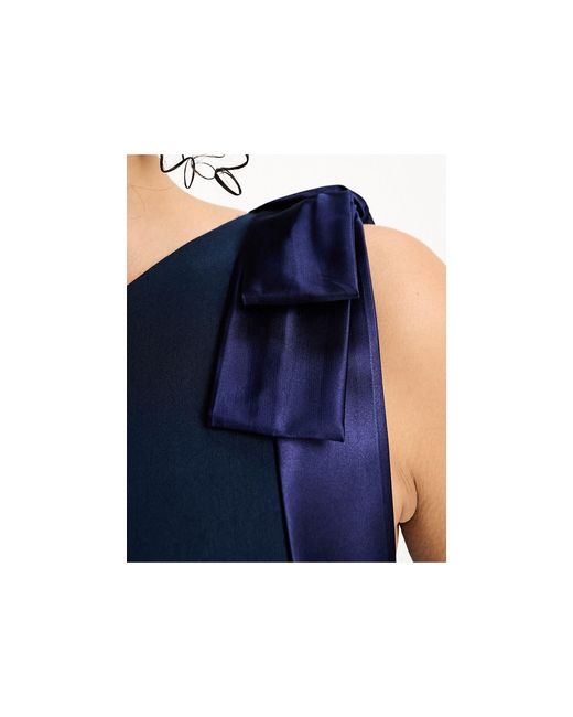 Vesper Blue One Shoulder Contrast Satin Bow Side Spilt Maxi Dress