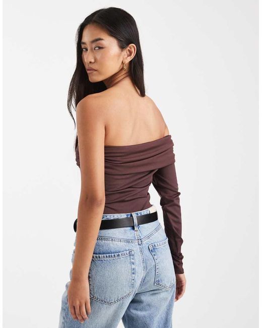 New Look Brown One Sleeve Ruched Bodysuit