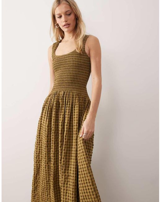 ASOS Natural Crinkle Scoop Neck Maxi Sundress With Shirred Waist