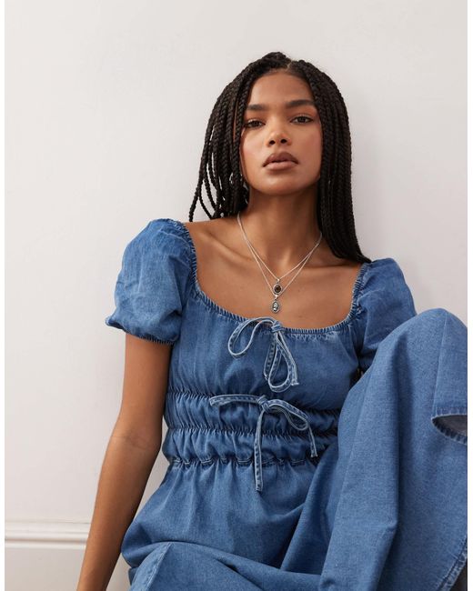 Reclaimed Vintage Chambray Denim Midi Dress With Shirring Details