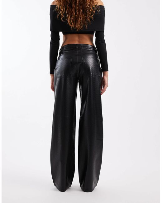 ONLY Black High Waist Wide Leg Faux Leather Trousers With Woven Details