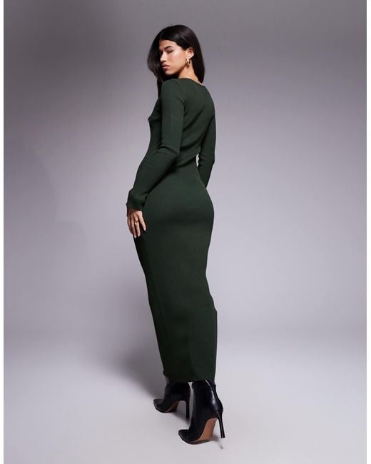 Kaiia Green Exclusive Cut Out Detail Long Sleeve Knitted Maxi Dress