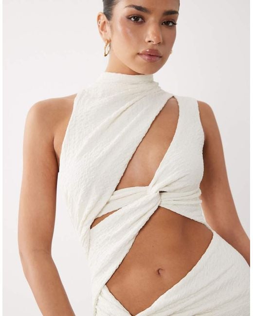Noughts & Kisses White Textured High Neck Cut-out Thigh Slit Maxi Dress