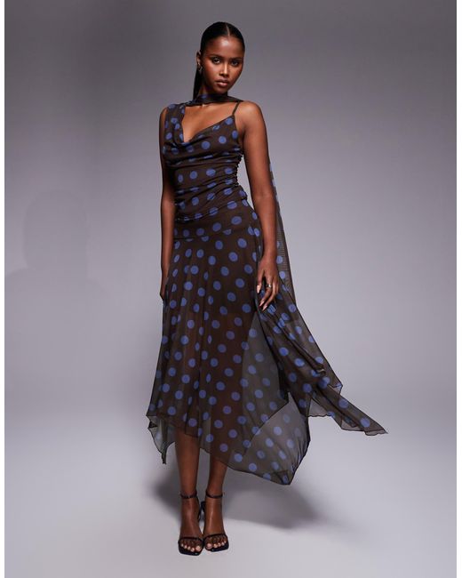 Kaiia Gray Exclusive Double Layered Slinky Mesh One Shoulder Scarf Detail Cowl Neck Top Co-Ord