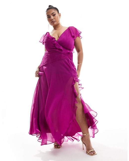 ASOS Pink Asos Design Curve Wrap Front Ruffle Maxi Dress With High Split Detail