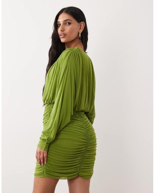 ASOS Green Mesh Long Sleeved Deep Plunge Ruched Mini Dress