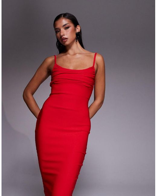 Vesper Red Bengaline Cami Strappy Ruched Bust Midaxi Dress