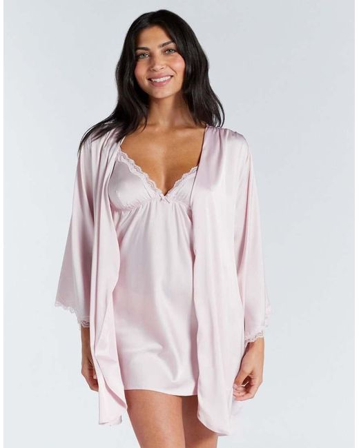 Boux Avenue White Kaya Floral Lace Trim Satin Short Robe With Belt