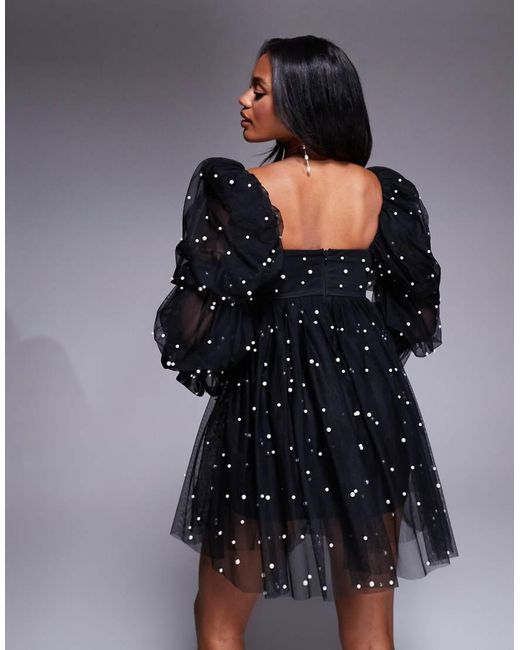 ASOS Black Tulle Baby Doll Dress With Pearl Embellishment