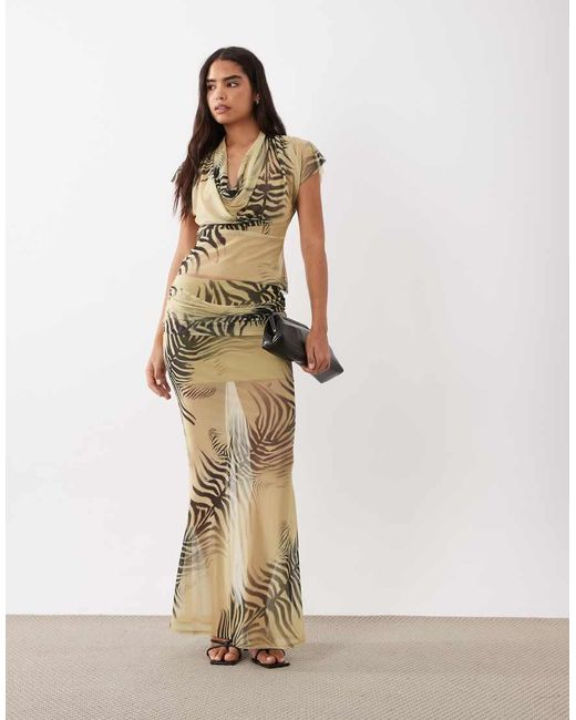 ASOS Natural Printed Mesh Co-ord Cowl Front Top