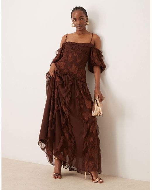 ASOS Bardot Puff Sleeve Midi Dress With Dropped Hem in Brown | Lyst