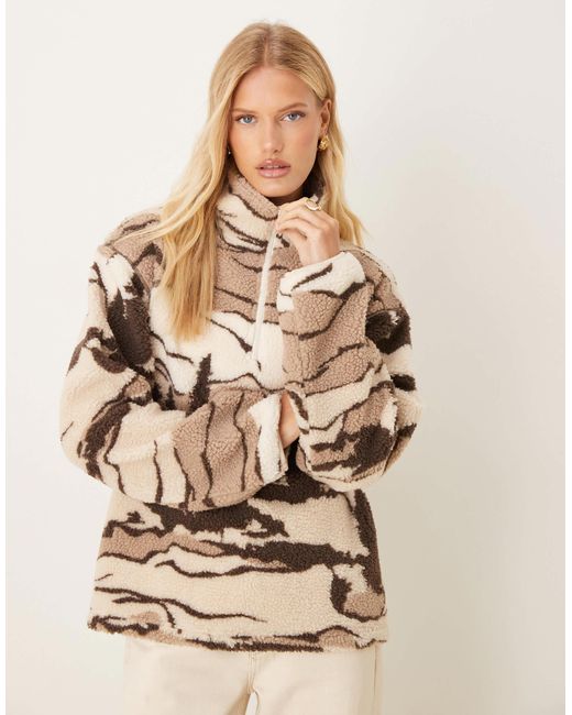 ASOS Natural Teddy Zip Up Fleece With Mountain All Over Print
