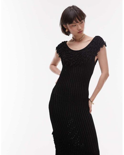 & Other Stories Black Knit Midi Dress With Fringed Neckline And Hem