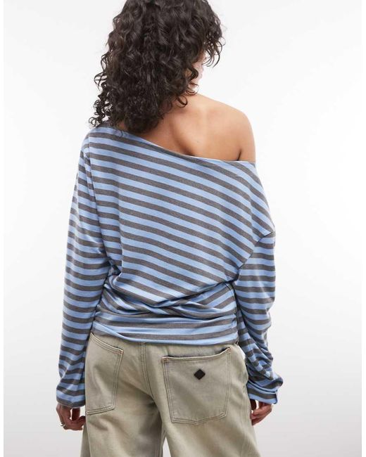Collusion Blue Long Sleeve Off The Shoulder Stipe Top