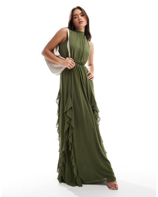 TFNC London Green Ruffle Detail Maxi Dress With Open Back And Thigh Split
