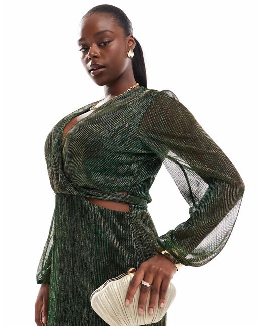 Tfnc Plus Green Pleated Shimmer Maxi Dress