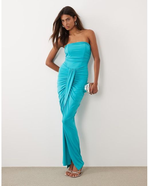 TFNC London Blue Slinky Bandeau Ruched Front Split Maxi Dress