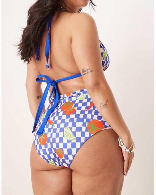 ASOS Multicolor Asos Design Curve Lucy Chilli Print High Waist Bikini Bottoms With Blue Check
