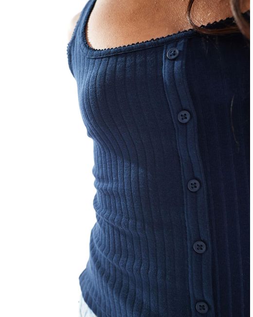 Miss Selfridge Blue Ribbed Button Through Sleeveless Tank Top