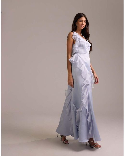 ASOS Purple Bridesmaids High Neck Satin Maxi Dress With Chiffon Ruffles