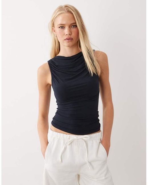 Miss Selfridge Black Ruched Front Slash Neck Top