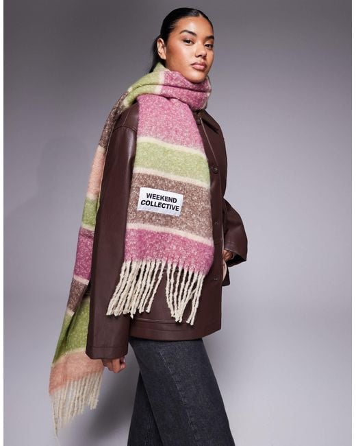 ASOS Purple Weekend Collective Oversized Stripe Scarf With Woven Label