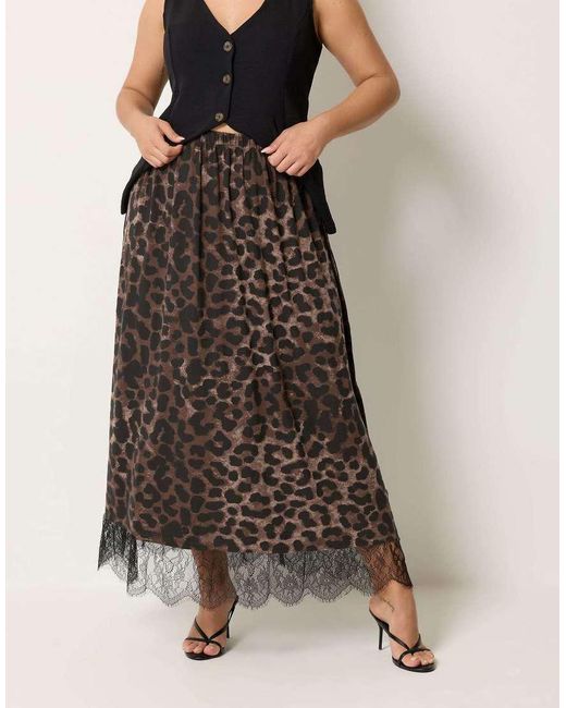 Yours Clothing Brown Leopard Lace Trim Skirt