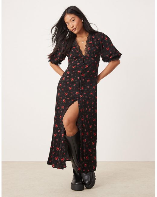 Miss Selfridge Black Lace Trim Button Through Maxi Dress