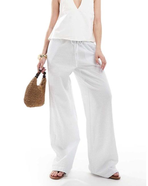 Monki White Wide Leg Drawstring Seersucker Pants