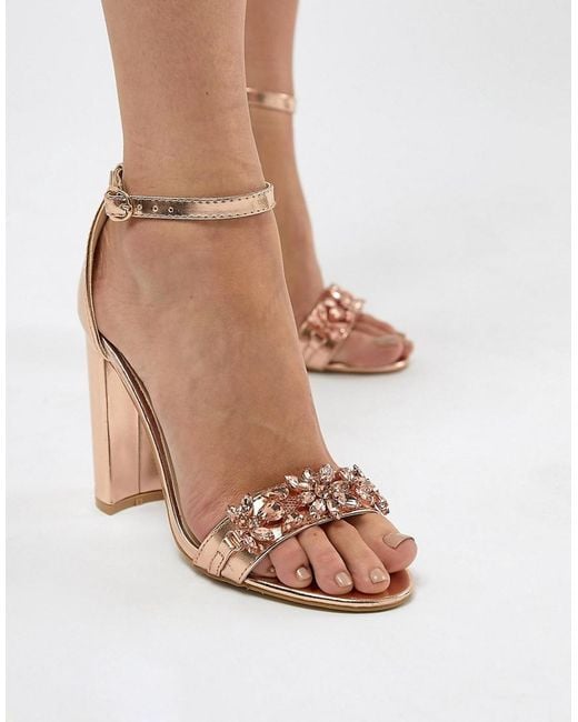 True Decadence Metallic Rose Gold Embellished Block Heeled Sandals