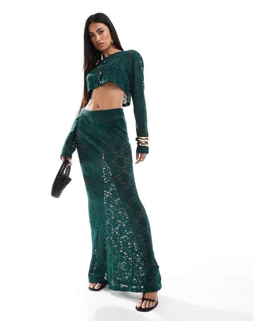 Aria Cove Green Exclusive Lace Column Maxi Skirt Co-ord