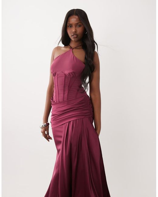 ASOS Purple Premium Halterneck Corset Fishtail Maxi Dress With Drape Detail